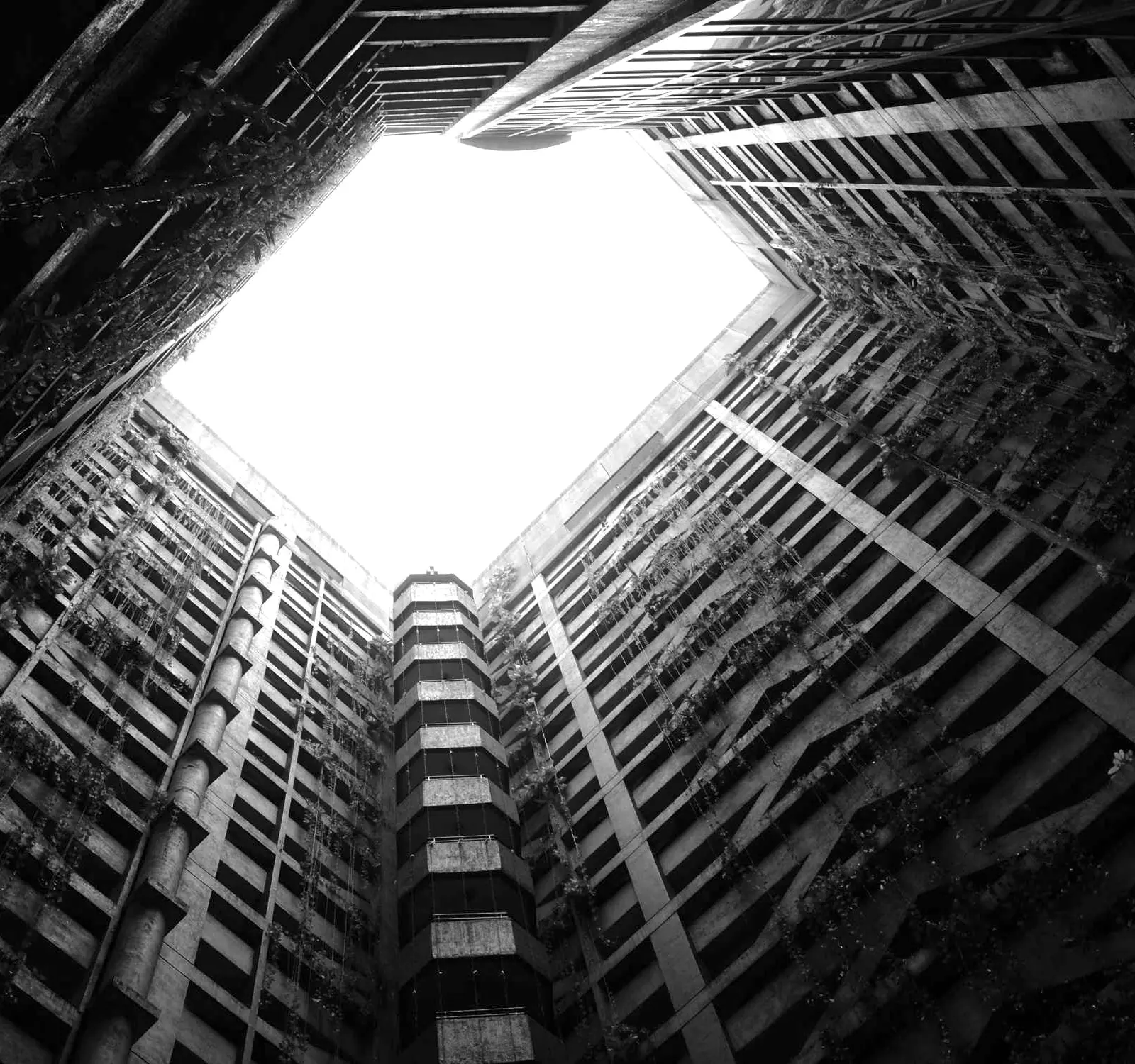 Looking straight up the open core of a building