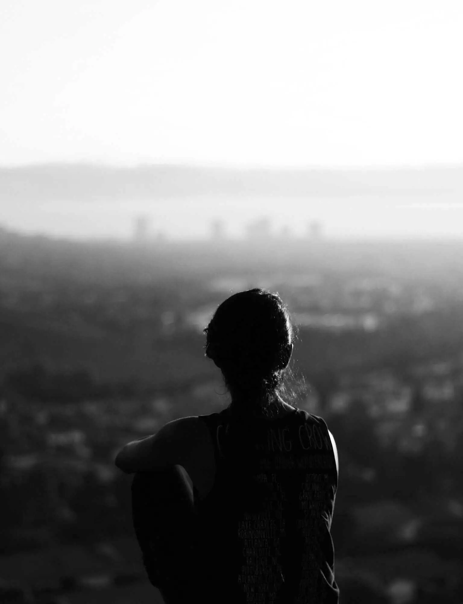 A figure from behind above a hazy city